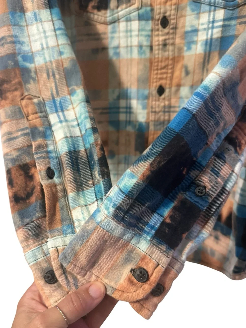 Upcycled Bleach Dyed Flannel Shirt XS 18.5” P2P Blue/Peach NWOT